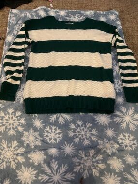 Zenana Outfitters Green and White Striped Knit Sweater